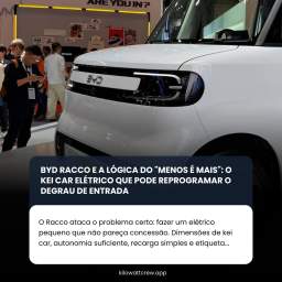 BYD Racco: dimensões de kei car, proposta urbana direta e preço pensado para volume. Autonomia na casa dos 180 km, recarga AC como protagonista e disciplina de custos de quem domina bateria e powertrain. Se o valor na Europa ficar abaixo do Dolphin Surf, muda o degrau de entrada dos elétricos.Leia mais em nosso Site/App (Link na Bio)Hashtags: #MobilidadeEletrica #BYD #CarroEletrico #KeiCar #BladeBattery #LFP #CustoTotal #EVUrbano #Europa #Japao