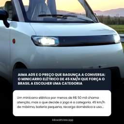 O AIMA A05 foi anunciado para março de 2026 com preço estimado entre R$ 47 mil e R$ 49 mil, motor assíncrono de 3,2 kW, bateria de 72 V (cerca de 7 kWh), autonomia declarada de até 60 km e velocidade máxima de 45 km/h. O ponto decisivo não é só a ficha técnica, é o enquadramento: homologação, emplacamento e categoria vão determinar se ele vira alternativa urbana real ou um veículo restrito a usos específicos.Leia mais em nosso Site/App (Link na BIO)Hashtags: #MobilidadeEletrica #CarroEletrico #Micromobilidade #MobilidadeUrbana #Eletrificacao #TransicaoEnergetica #InovacaoAutomotiva #Carros #Brasil #Sustentabilidade